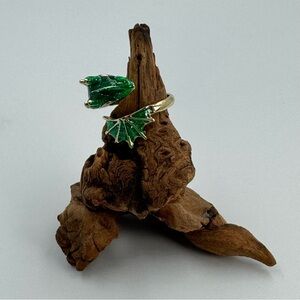 Gold Tone and Green Sparkle Dragon Ring Size 8 Open Wrap Design